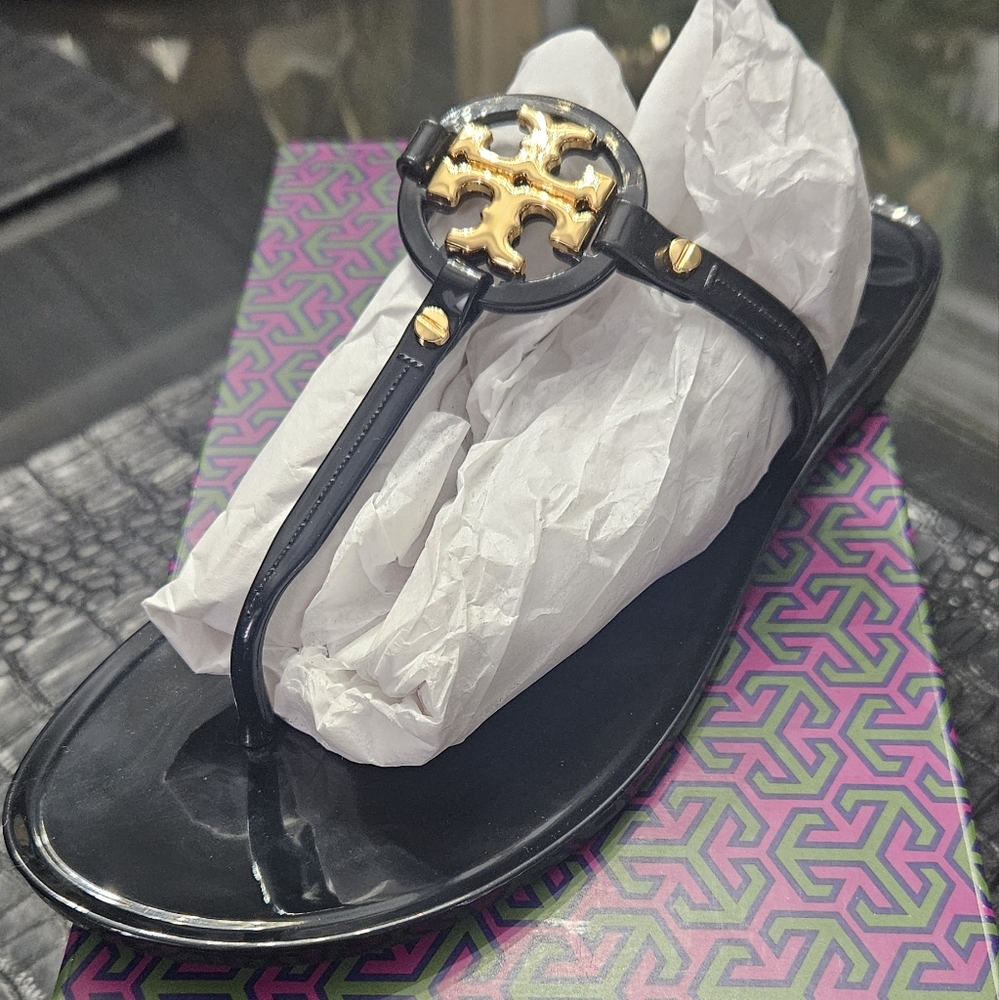 Tory Burch Black Mini Miller Sandals with Gold Emblem